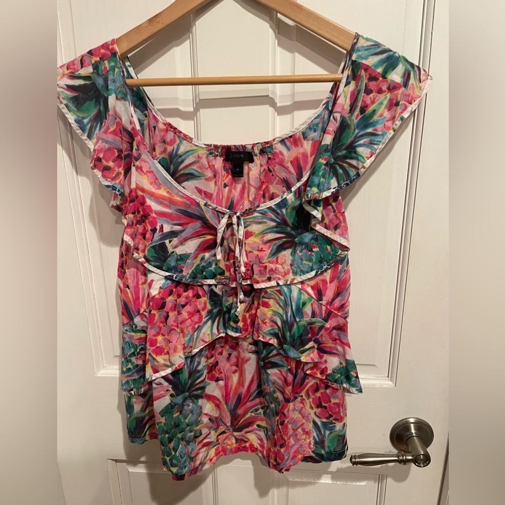 J. Crew Pink and Green Flutter Sleeve Blouse Size 4